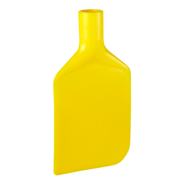 A yellow plastic paddle scraper blade with a white background.