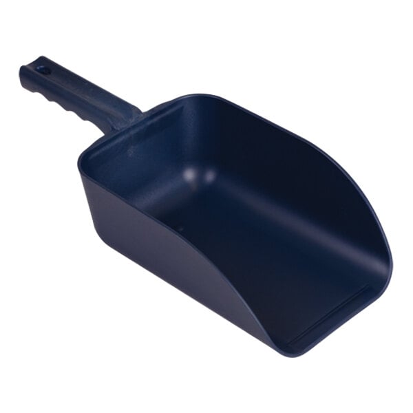 A blue plastic Remco hand scoop with a handle.