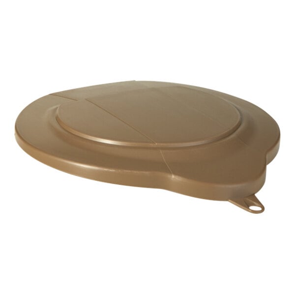A brown plastic lid with a clip.