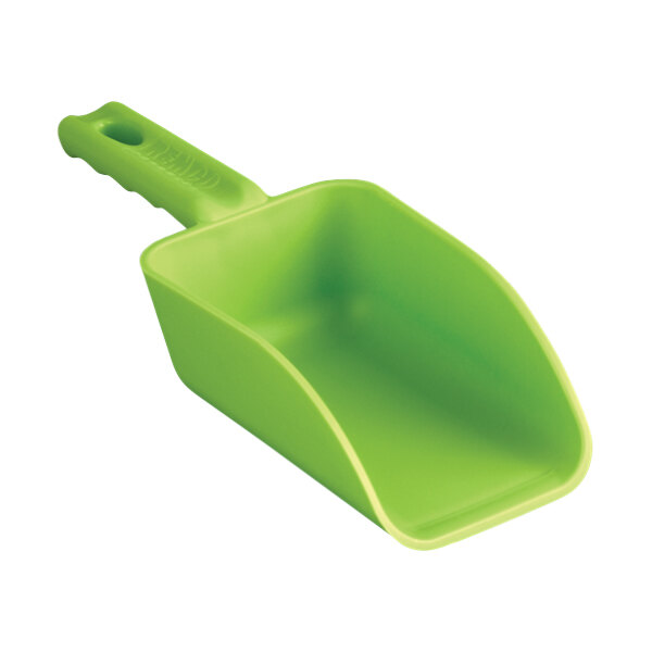 A green Remco polypropylene hand scoop with a handle.