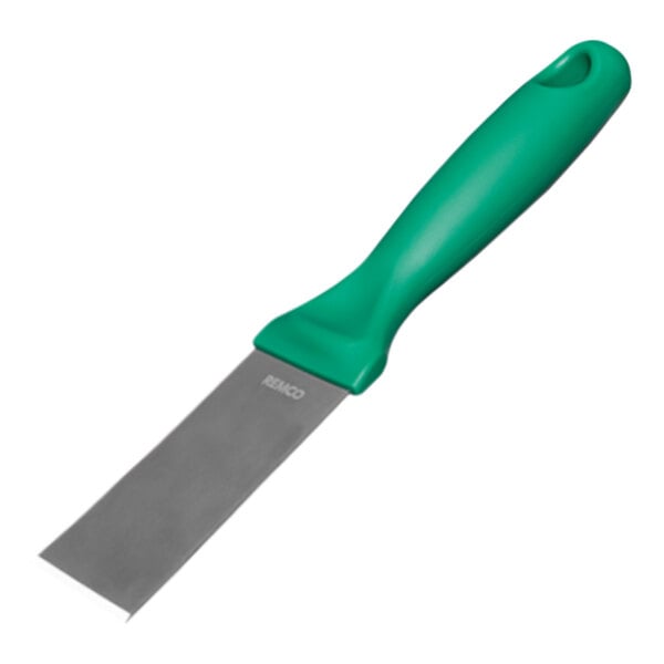 A close-up of a green Remco stainless steel scraper with a green handle.