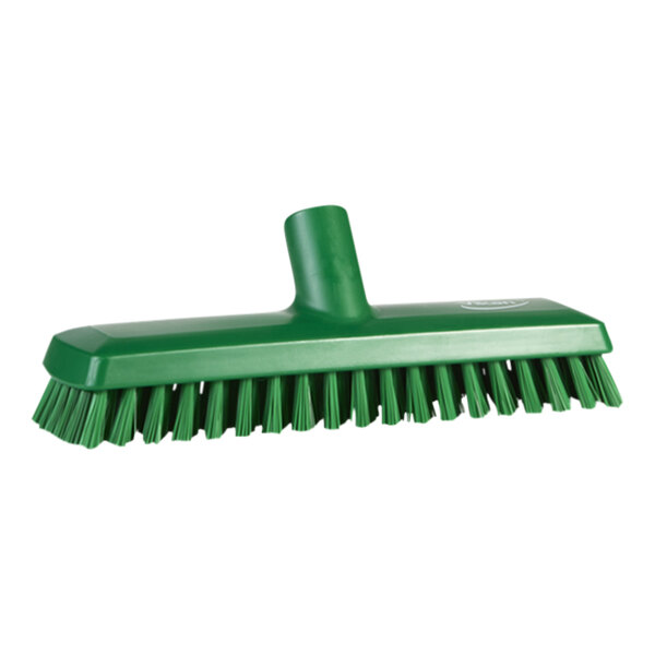A green Vikan deck scrub brush head with stiff bristles.