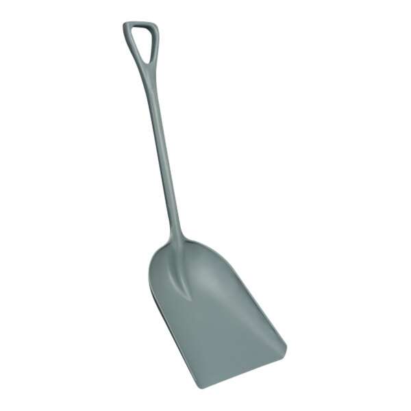 A close-up of a Remco grey plastic food service shovel with a long handle.