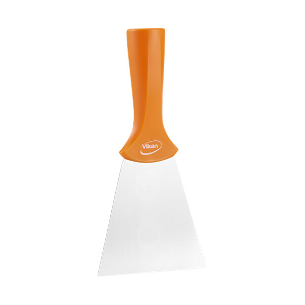 A Vikan stainless steel handle-mounted scraper with an orange handle.