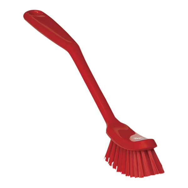 A Vikan red narrow dish brush with a long handle.