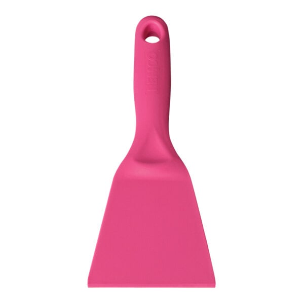 A close-up of a pink Remco hand scraper with a handle.