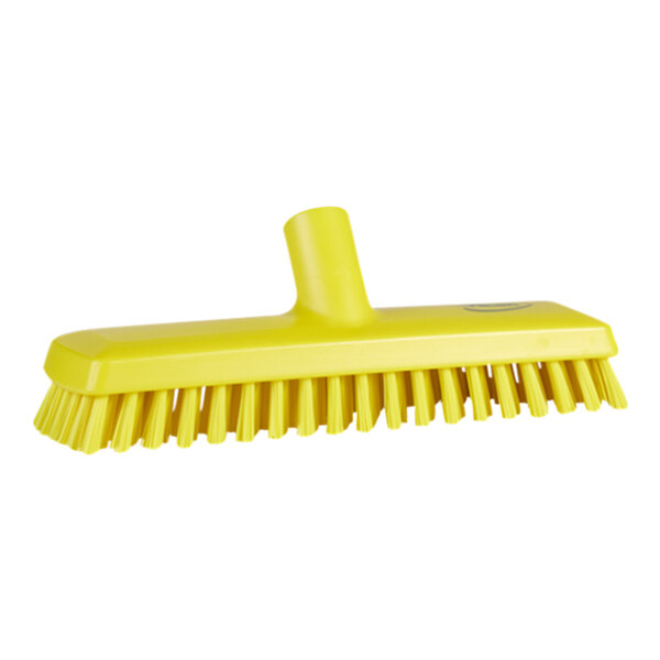 A close up of a Vikan yellow deck scrub brush with extra stiff bristles.