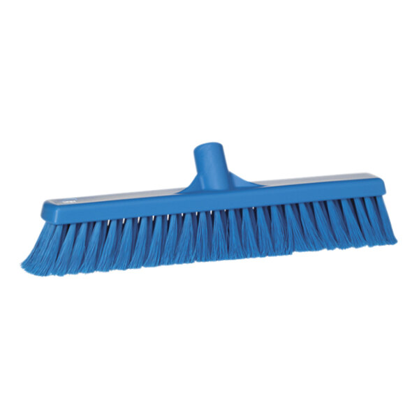 A blue Vikan push broom head with soft / split bristles.