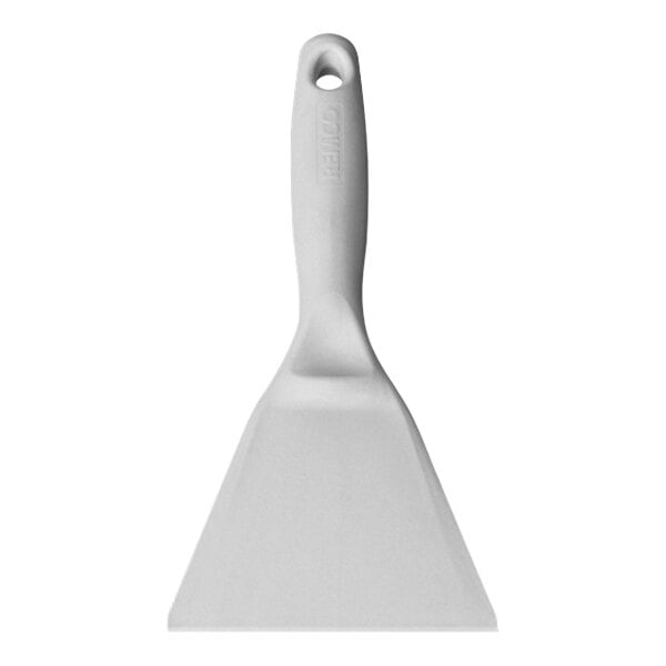 A gray metal detectable hand scraper with a white handle.