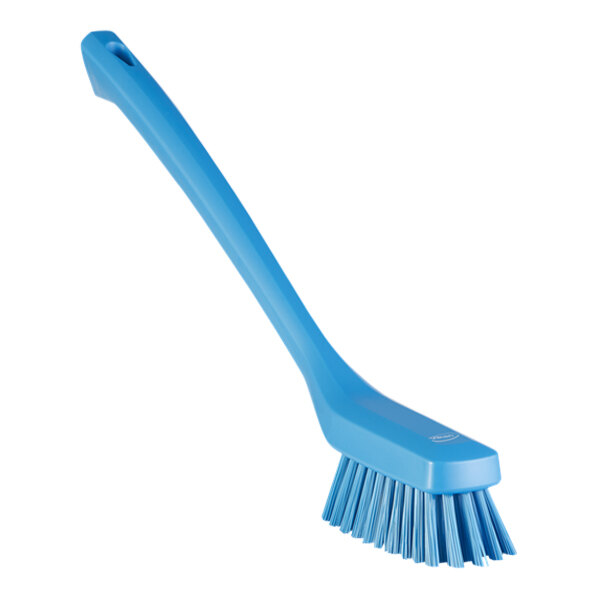 A Vikan blue narrow cleaning brush with long handle.