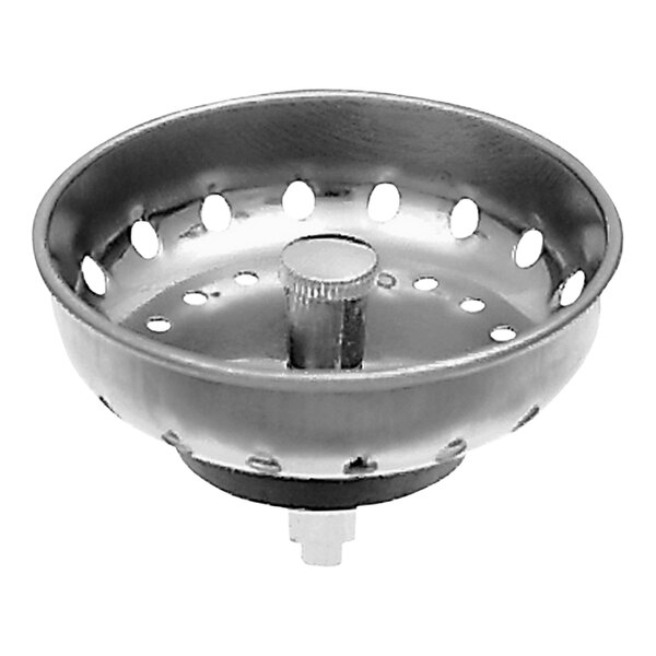 A stainless steel Dearborn sink basket strainer with holes in it.