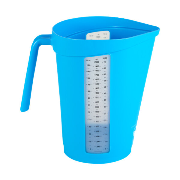 A blue Vikan measuring jug with a white measuring scale.