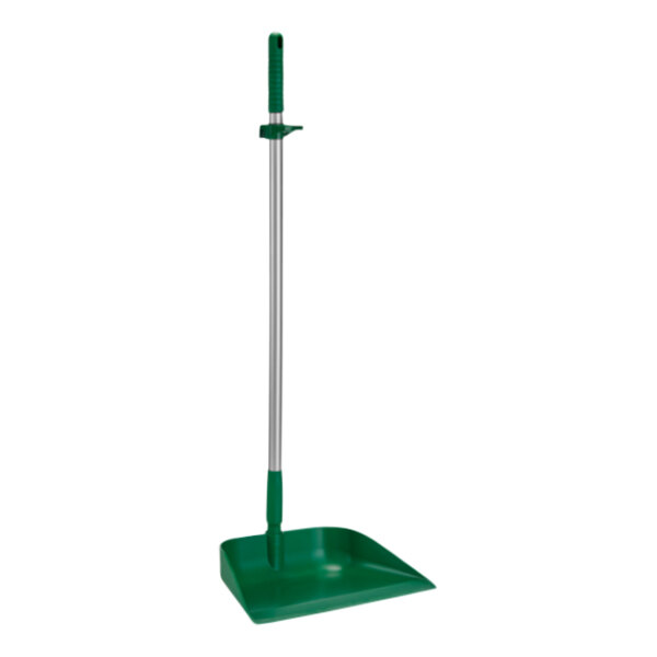 A green plastic Vikan upright dustpan with a long green handle.