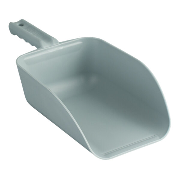 A grey plastic Remco hand scoop with a handle.
