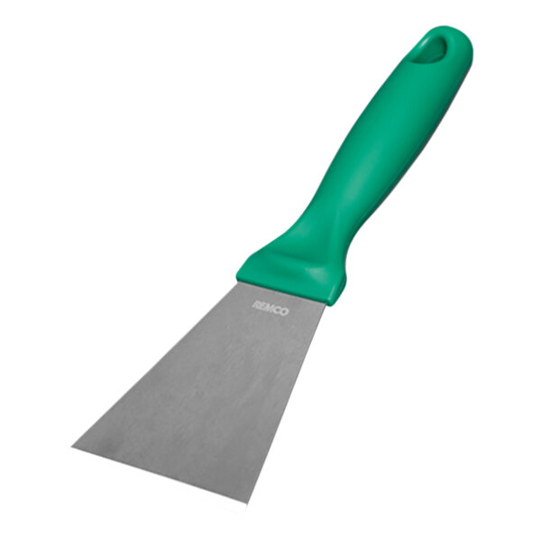 A Remco stainless steel scraper with a green handle.