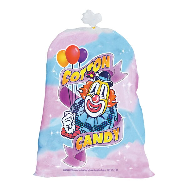 A white cotton candy bag with a clown design on it.