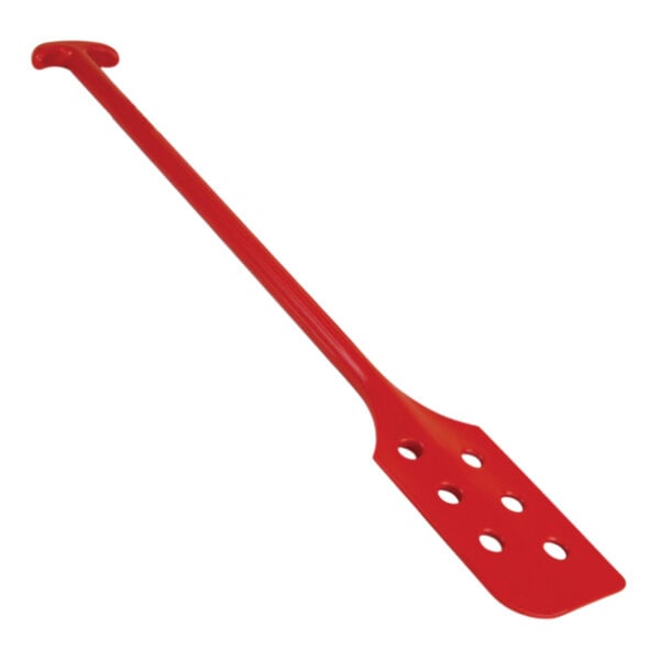 A red Remco polypropylene mixing paddle with holes.