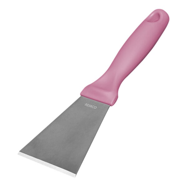A Remco stainless steel scraper with a pink handle.