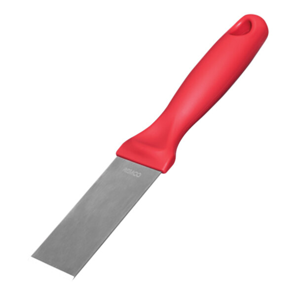 A close-up of a Remco stainless steel scraper with a red handle.
