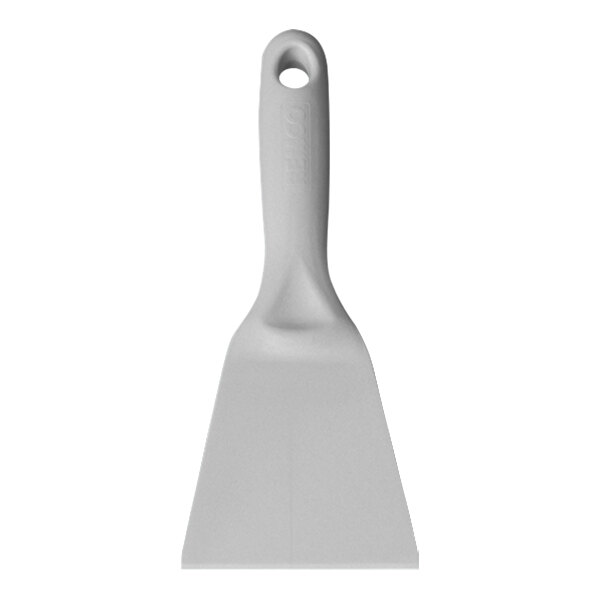 A gray metal detectable polypropylene hand scraper with a hole in the handle.
