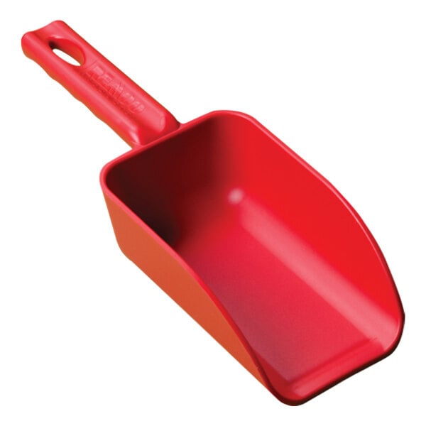 A close-up of a red Remco polypropylene scoop with a handle.