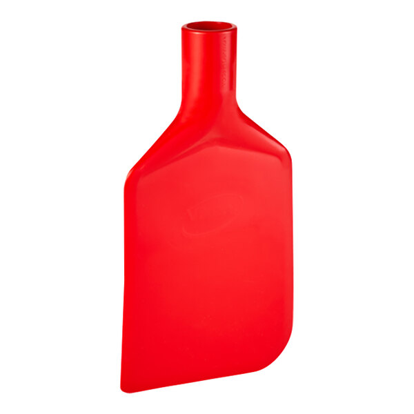 A red plastic paddle with a handle.