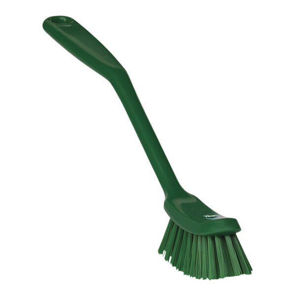 A green Vikan narrow dish brush with a long handle.
