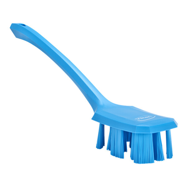A blue Vikan hand brush with a long handle.