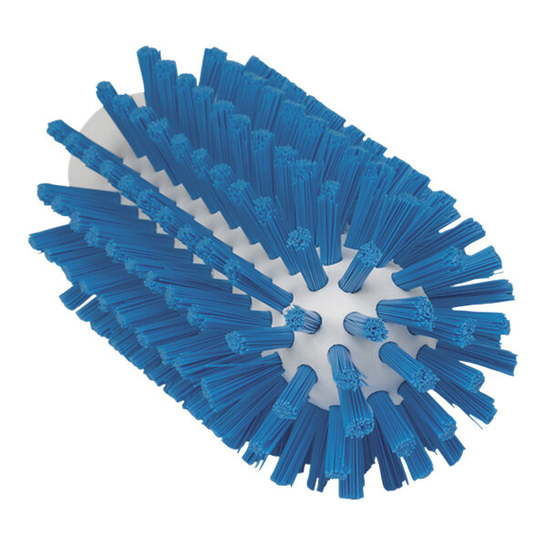 A blue Vikan tube brush head with blue bristles.