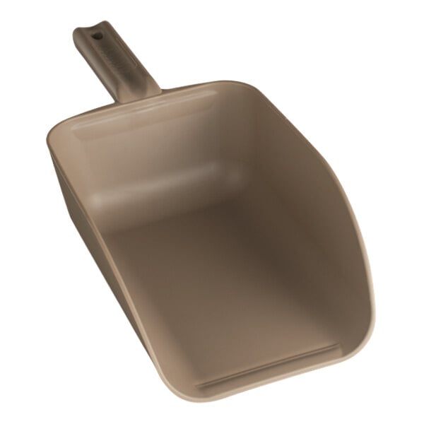 A brown polypropylene hand scoop with a handle.