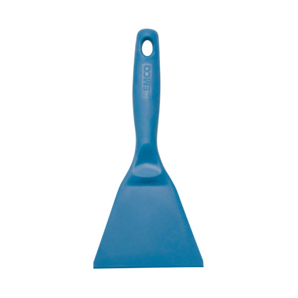 A close-up of a blue Remco high temperature nylon hand scraper with a handle.