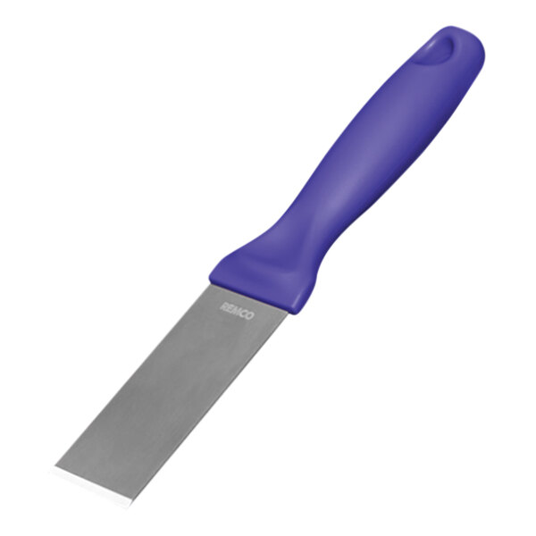 A close-up of a Remco stainless steel scraper with a purple handle.