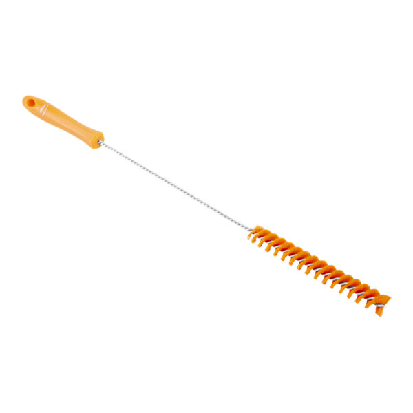 An orange Vikan tube brush with a long handle.
