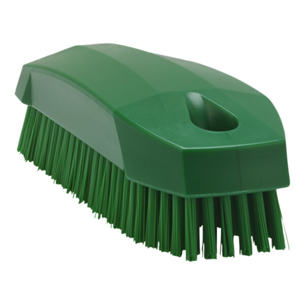 A green Vikan hand brush with a hole in the handle.