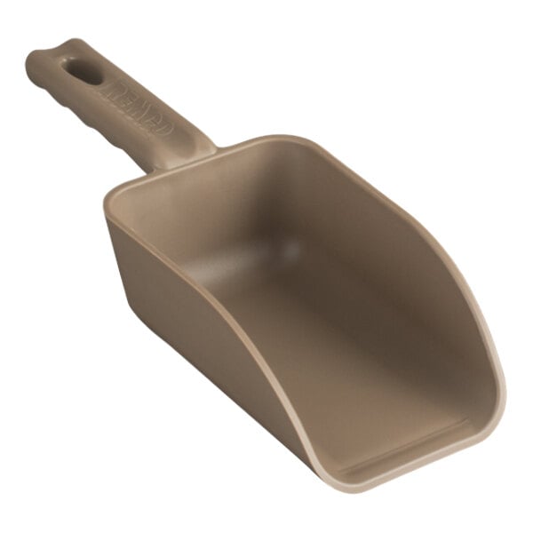 A brown Remco hand scoop with a handle.