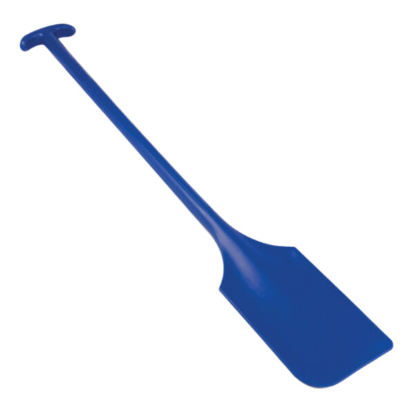 A blue plastic paddle with a handle.