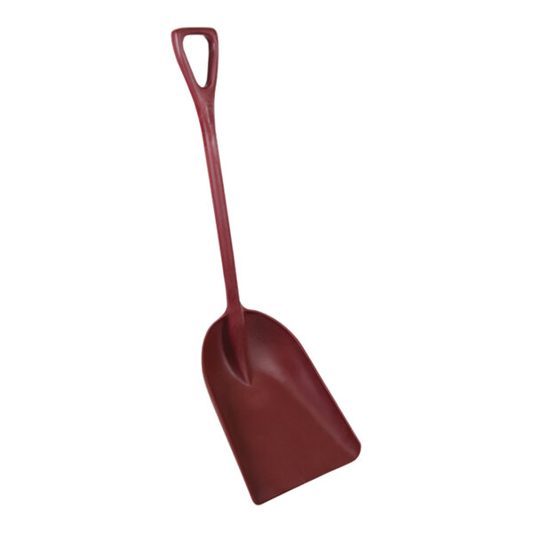 A red Remco metal detectable polypropylene shovel with a long handle.