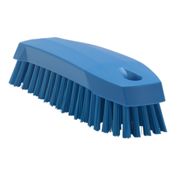 A Vikan blue scrub brush with medium bristles and a handle.