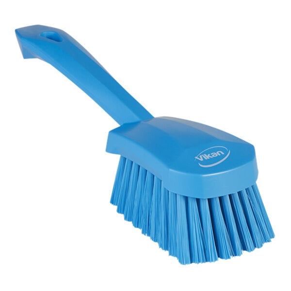 A close-up of a Vikan blue washing brush with a handle.
