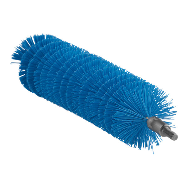 A close up of a blue round Vikan tube brush head with long bristles.