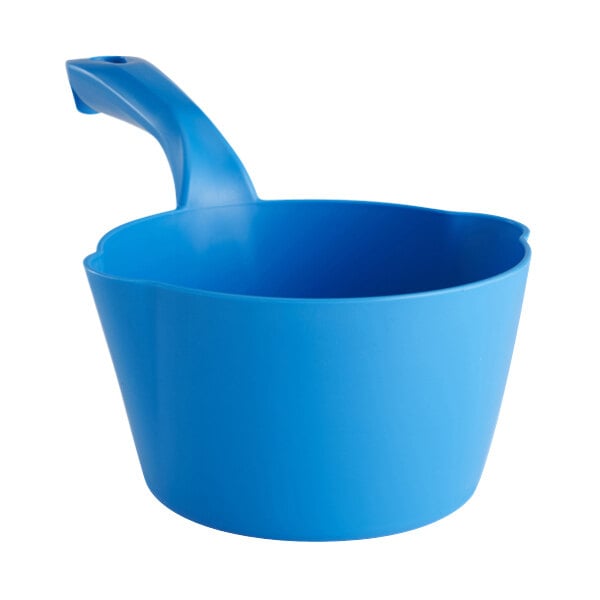 A blue plastic round scoop with a handle.