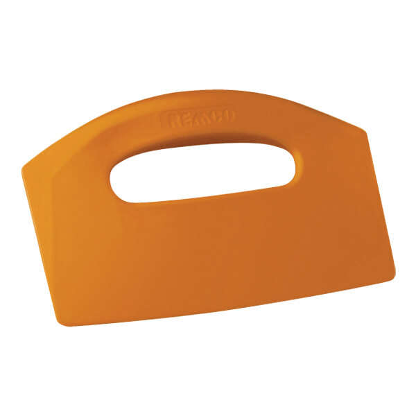 An orange Remco bench scraper with a yellow handle.