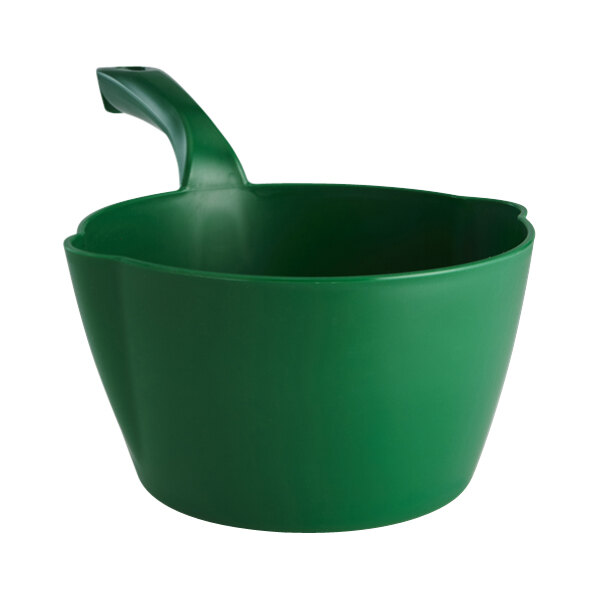 A green plastic Vikan round scoop with a handle.