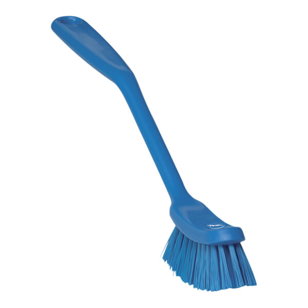 A blue plastic Vikan narrow dish brush with a long handle.