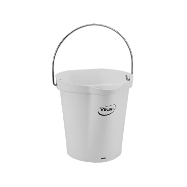 A white plastic bucket with a handle.