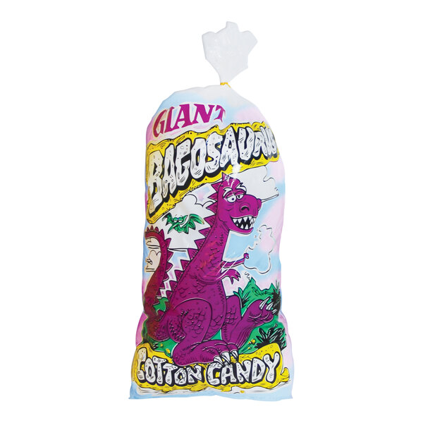 A white concession food bag with a cartoon purple dinosaur on it and the words "Giant Bagosaurus" in purple.