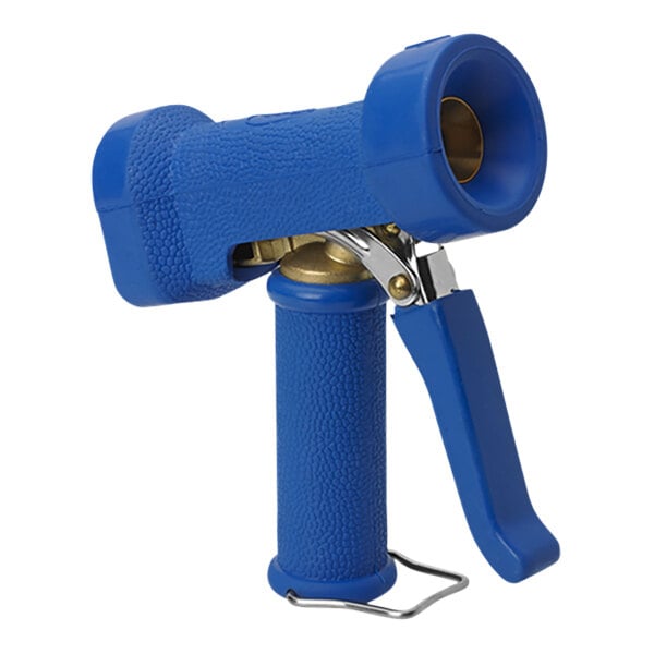 A Vikan blue heavy-duty front trigger water gun with a metal handle and blue cylinder.