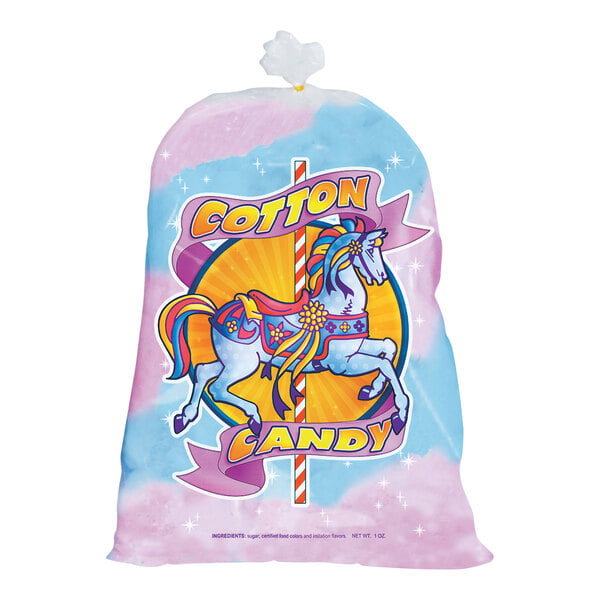 A white cotton candy bag with a carousel horse design.