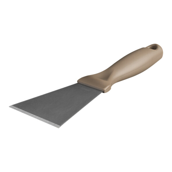 A Remco stainless steel scraper with a brown handle and a blade.