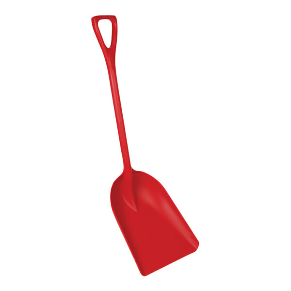 A red Remco polypropylene food service shovel with a handle.